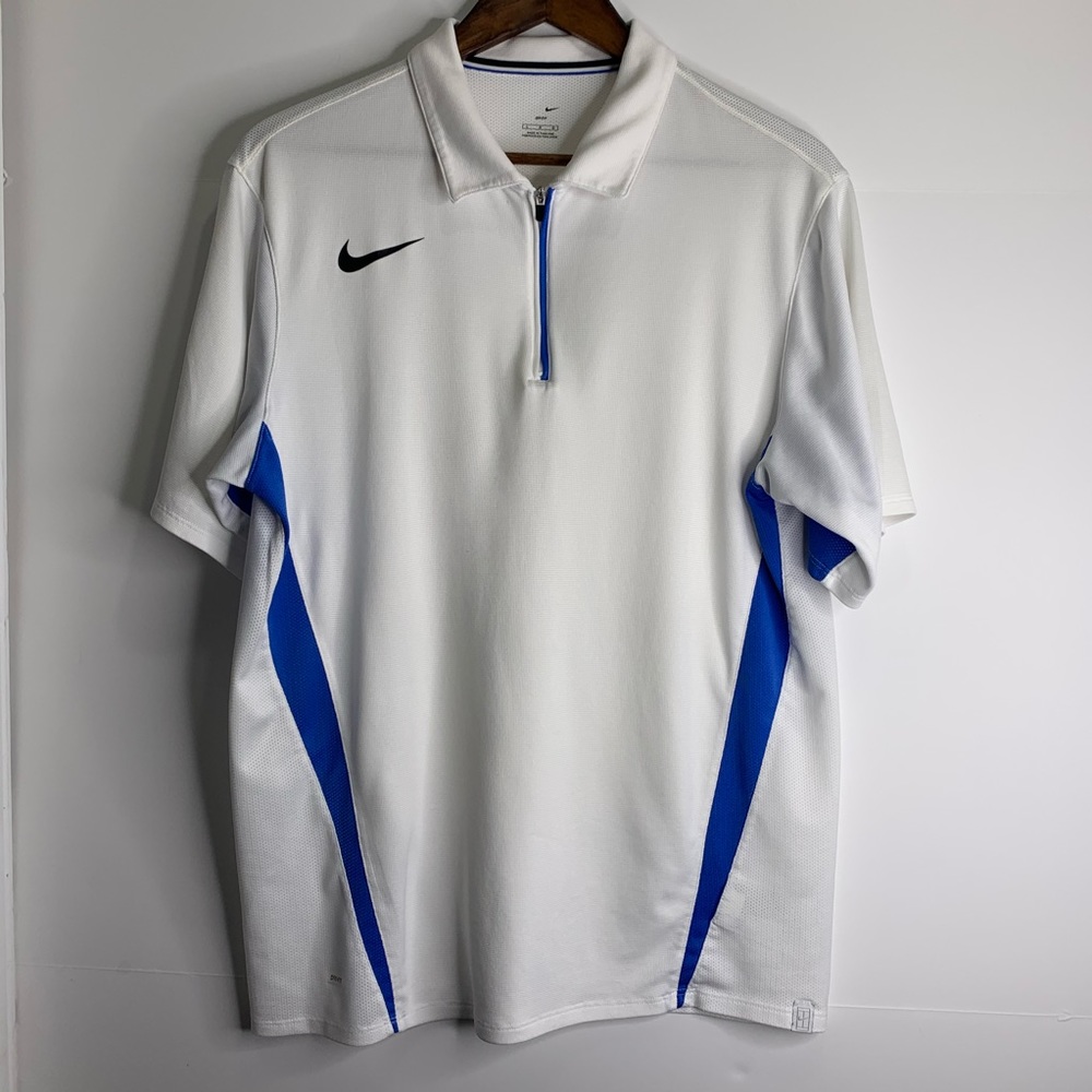 Nike golf shirt blue/wht w/zipper color Sz. L EUC